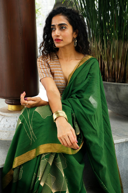 Handwoven Handprinted  Green Bengal Cotton Saree